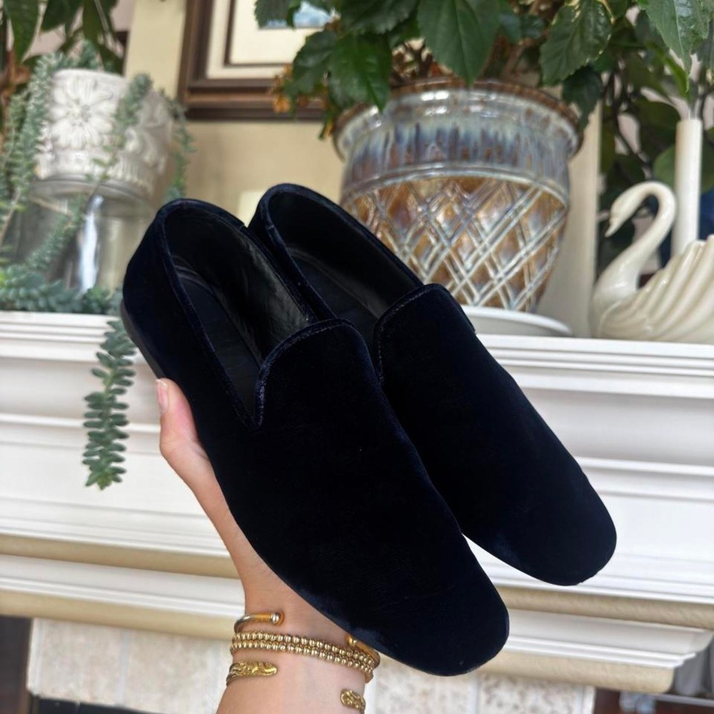 Vince Bray velvet flat loafer smoking slipper midnight blue size 7.5 mid mod - Picture 2 of 7